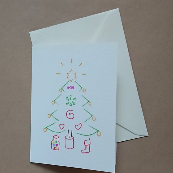 Candy Christmas Tree card hand drawn, from handcut stencils blank inside