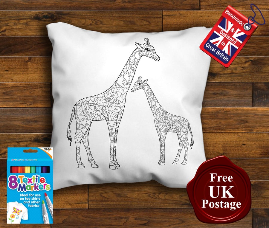 Giraffe Colouring Cushion Cover With or Without Fabric Pens Choose Your Size