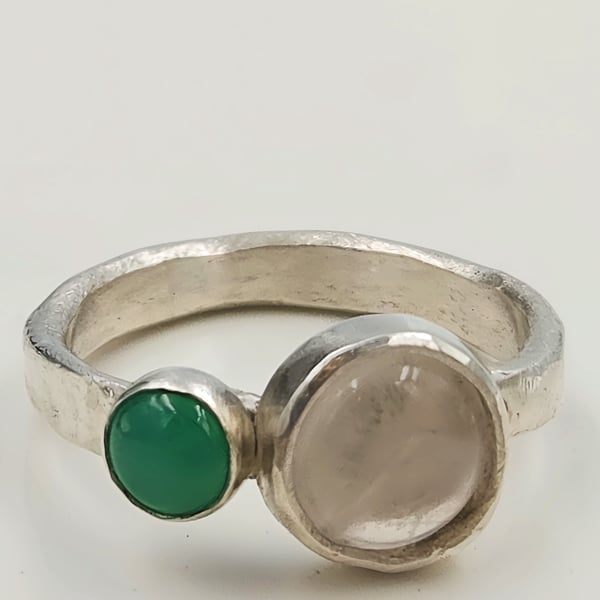 Rose quartz and Chrysoprase Double Stone Silver Ring