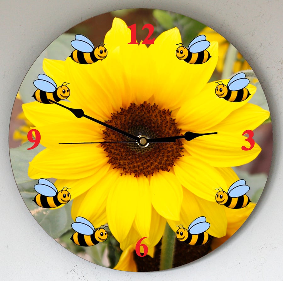 Bees around a Sunflower large (28cm dia) wall clock sent Post Free