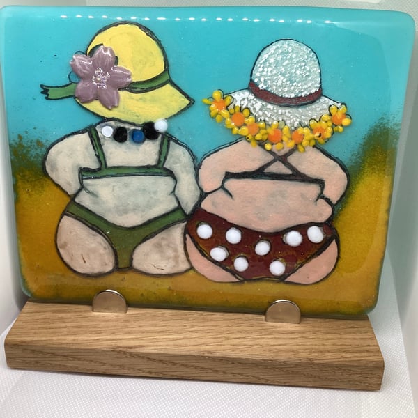 Quirky Handcrafted Freestanding Fused Glass Art “Day at the beach with my BFF”