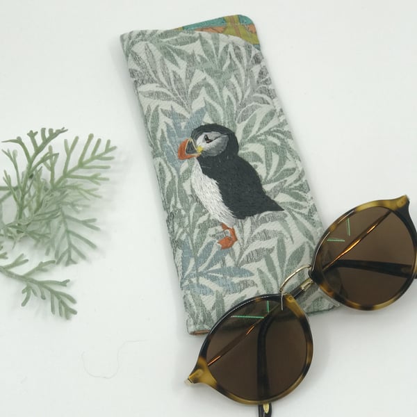 Soft glasses  case with hand embroidered puffin