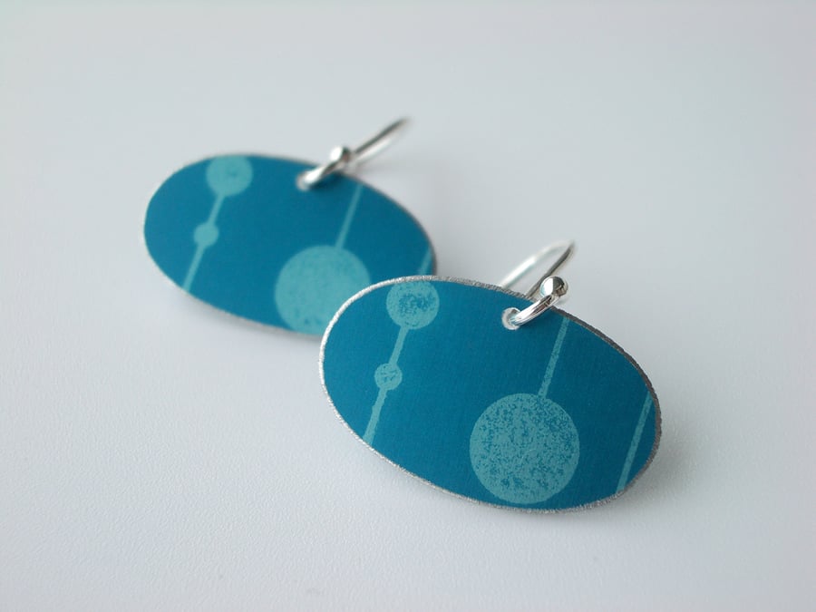 Teal oval earrings with mid century print