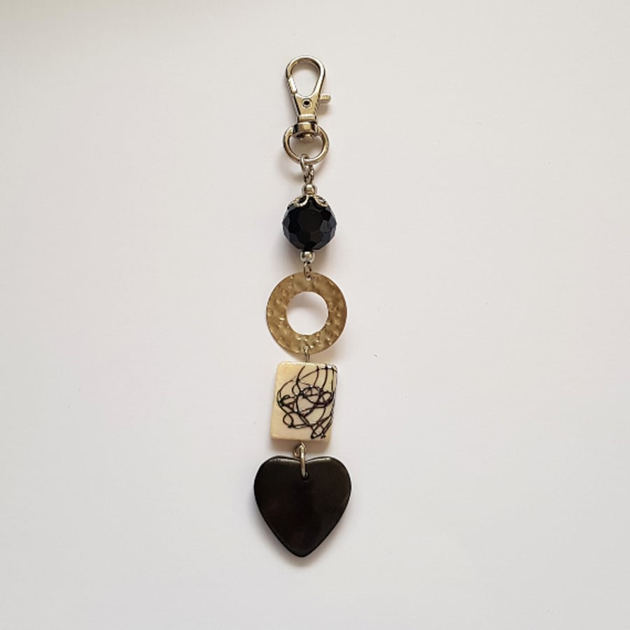 Black Heart Bag Charm - Abstract Beaded Handbag Charm
