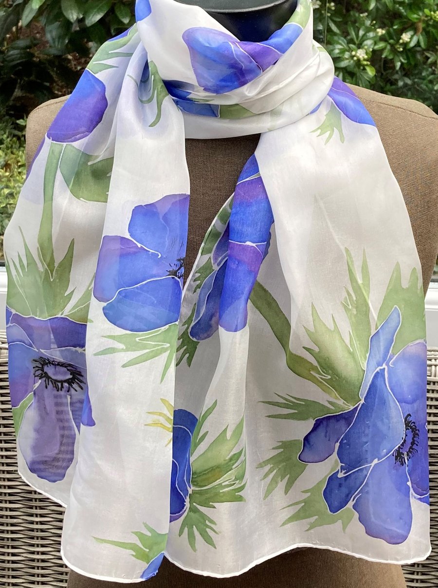 Blue Anemone hand painted silk scarf