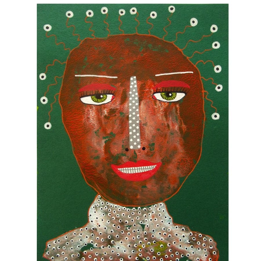 Original Outsider Folk Art Portrait Painting Figurative Primitive Artwork 6x8"