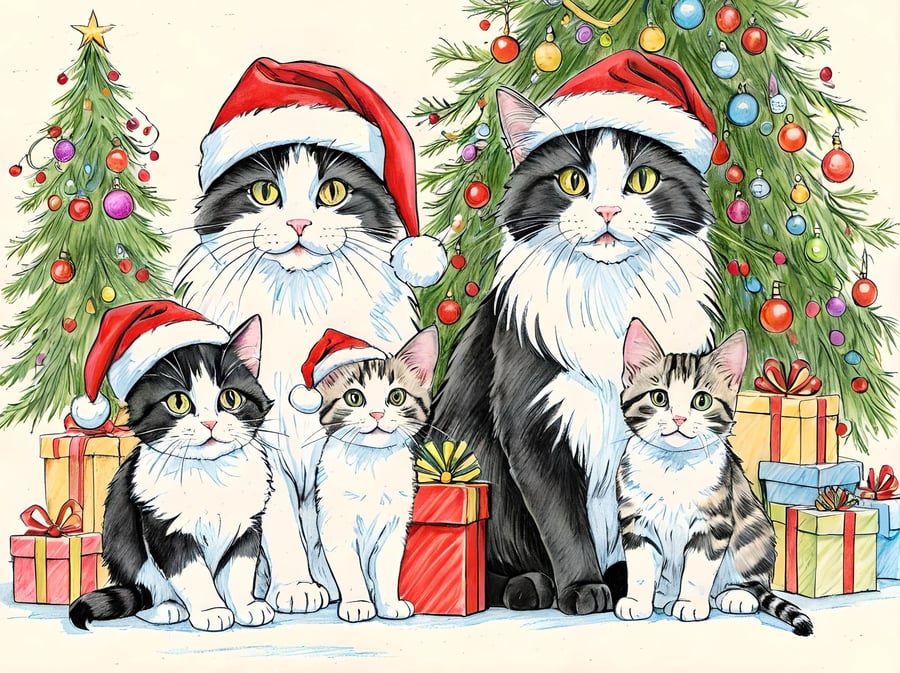 Christmas Greeting Card Cat Family A5