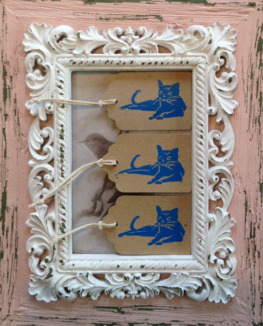 Set of 3 hand printed cat gift tags