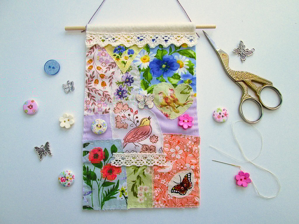 Small flowers and birds slow stitching kit, scrap fabric pack
