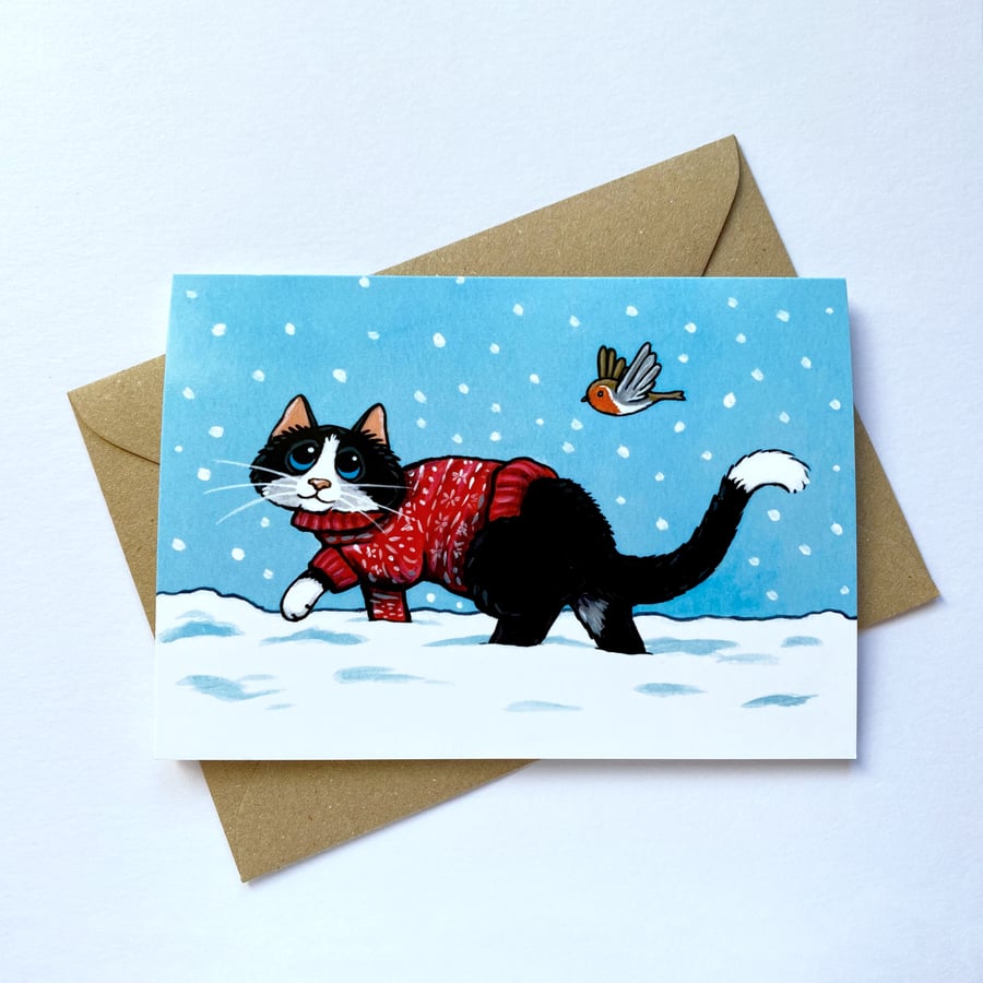 Tuxedo Cat wearing Festive Jumper Snowy Seasonal Christmas Card