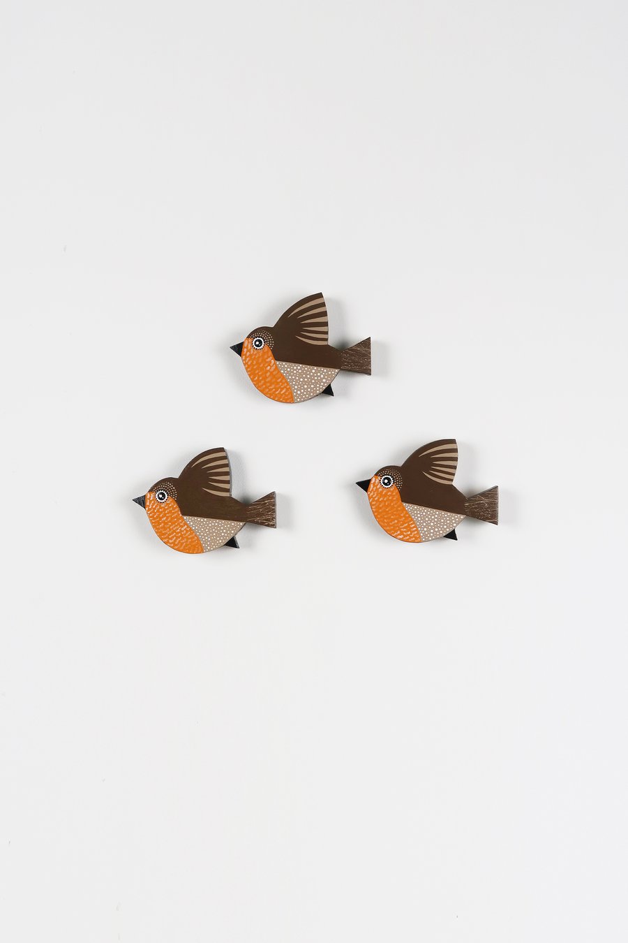Robin bird wall decoration, set of 3 flying miniature robins, british birds art.