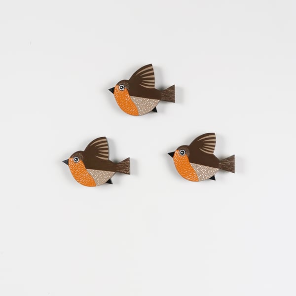 Robin bird wall decoration, set of 3 flying miniature robins, british birds art.