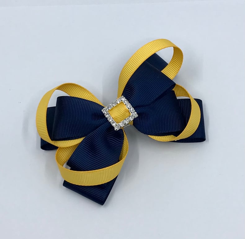 Navy Double Layer Bow with Yellow Gold Loops on Clip