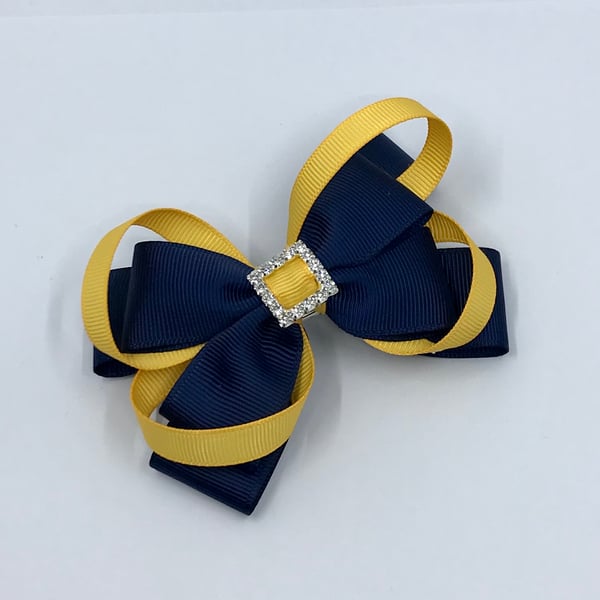 Navy Double Layer Bow with Yellow Gold Loops on Clip