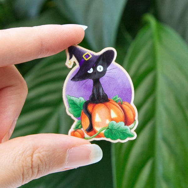 Halloween Witch Cat Wooden Pin Badge