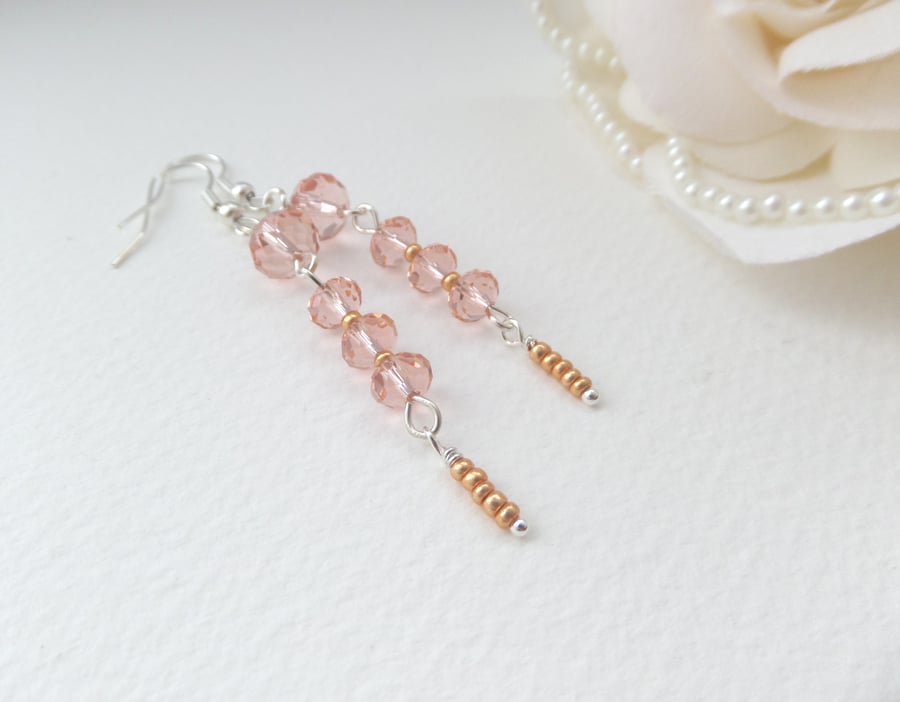 Peach Crystal Silver Earrings, Dangle Earrings