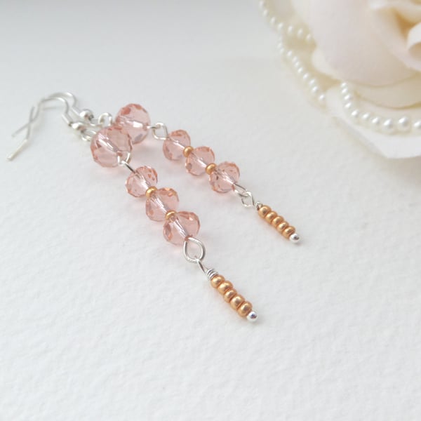 Peach Crystal Silver Earrings, Dangle Earrings