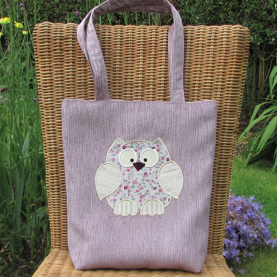 Owl tote bag - Lilac with cream and pink floral applique owl
