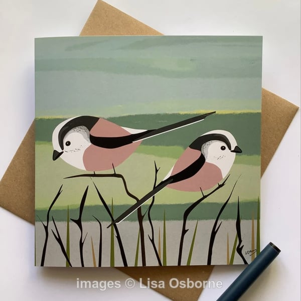 Long-tailed tits greetings card