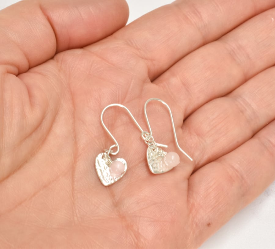 Rose Quartz and Fine Silver Heart Earrings
