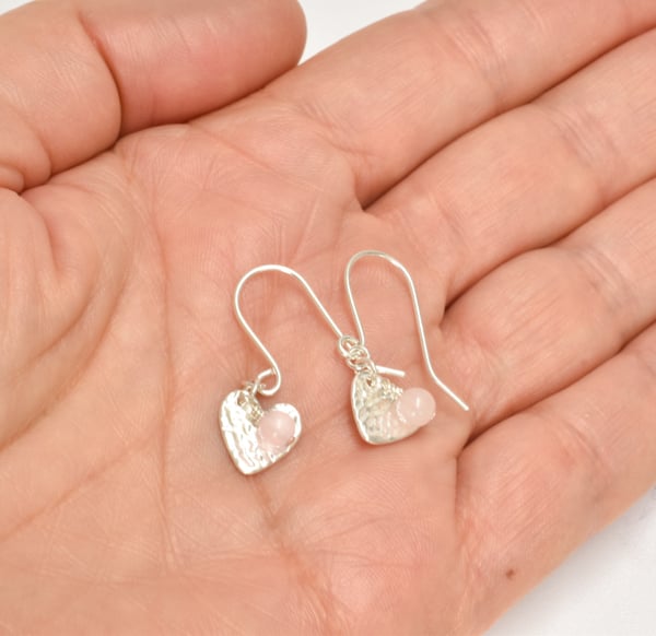Rose Quartz and Fine Silver Heart Earrings