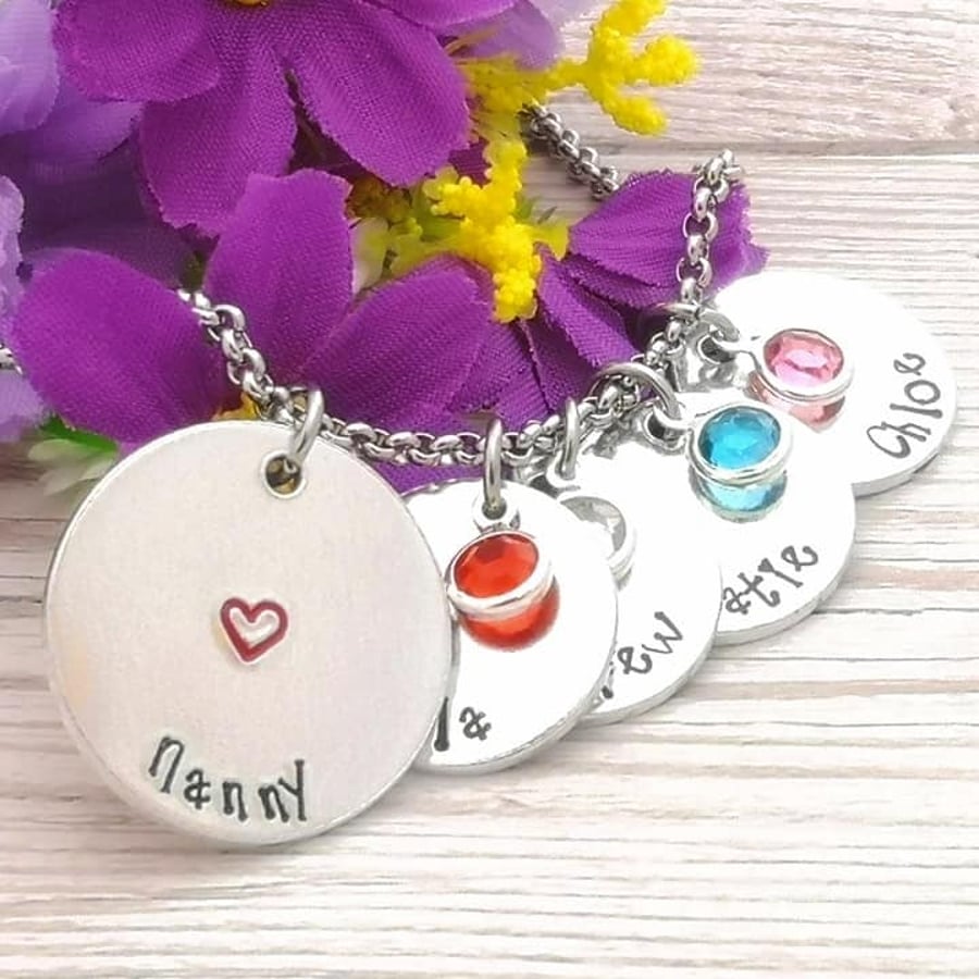 Kids Name Necklace - Personalised Mummy Necklace With Birthstone Crystals - Nan