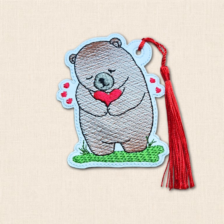 Bear Bookmark - Embroidered Bear and Heart Reading Accessory