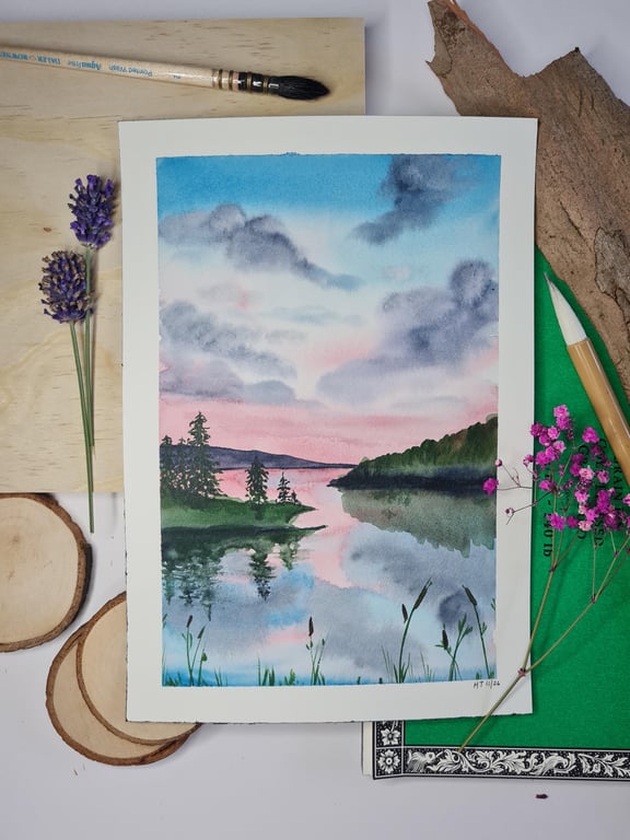 Serene Lake original watercolour painting, peaceful small landscape art