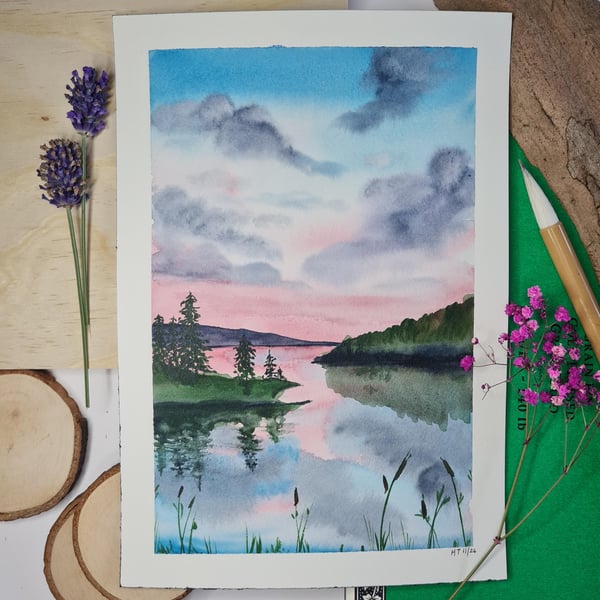 Serene Lake original watercolour painting, peaceful small landscape art