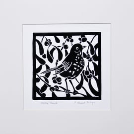 Mistle Thrush in Mistletoe - Handmade - Signed - Open Edition - Lino print.