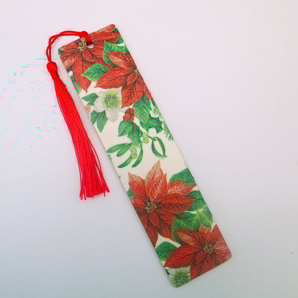 Christmas poinsettia floral wood decoupage bookmark with tassel