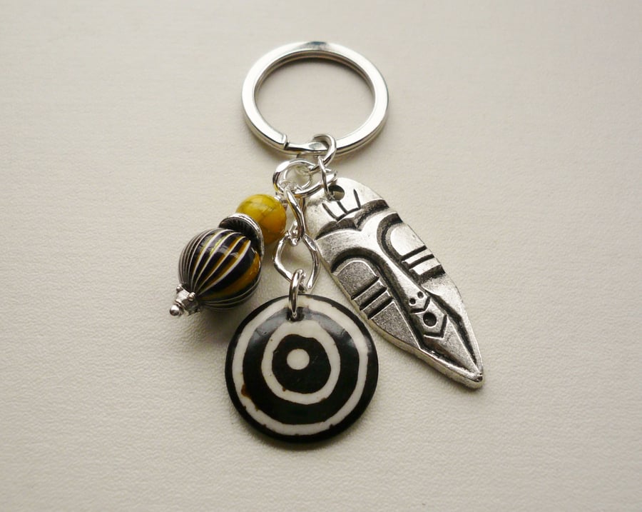 Keyring Bag Charm Black Yellow Bead Tibetan Silver Tribal Mask KCJ1593