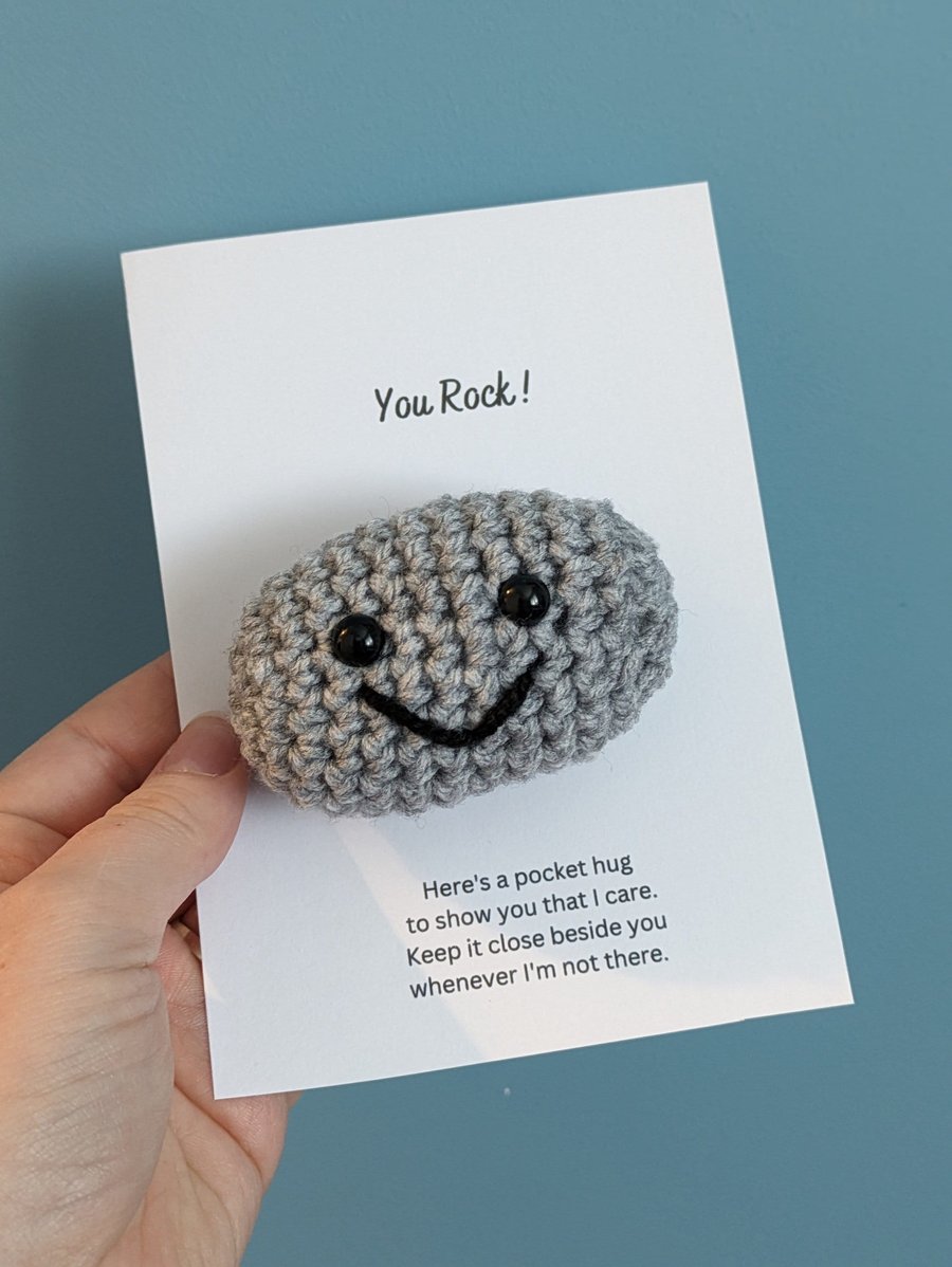 You Rock Pocket Hug, Rock Pet, Positive Gift, Crochet Rock Music Art, Pebble Art