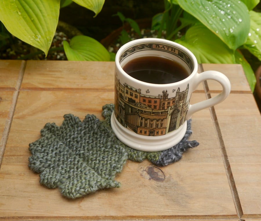 Knitted Leaf Coasters, Two Autumn Drinks Mats