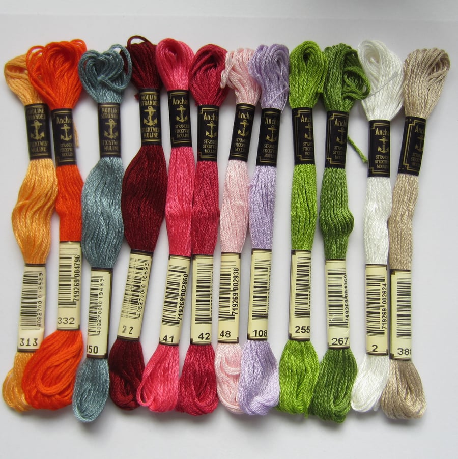 12 Skeins of Anchor Embroidery Threads - Assorted Colours