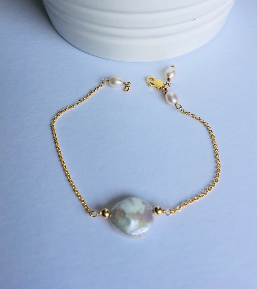Natural freshwater coin pearl chain bracelet