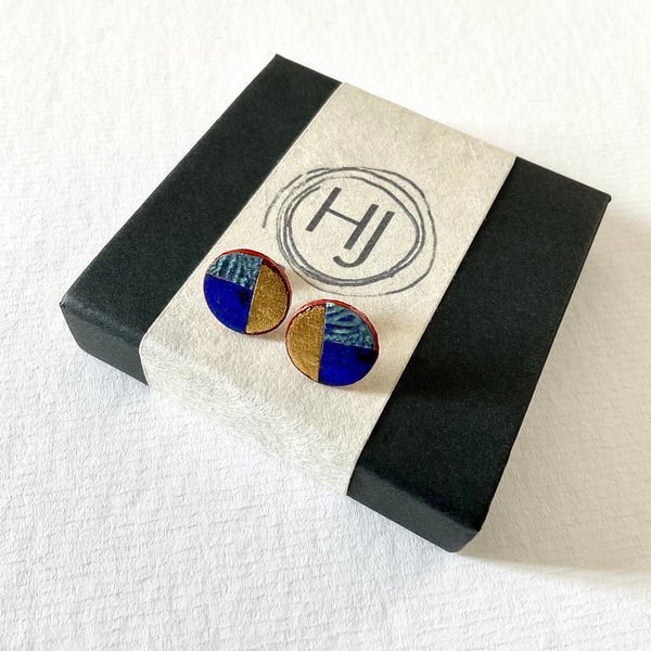 Arty Geometric Prussian Blue, Gold Ear Studs with Embossed Silver Fern Detail