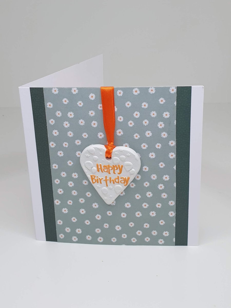 Handmade card with detachable embossed clay heart keepsake, happy birthday card