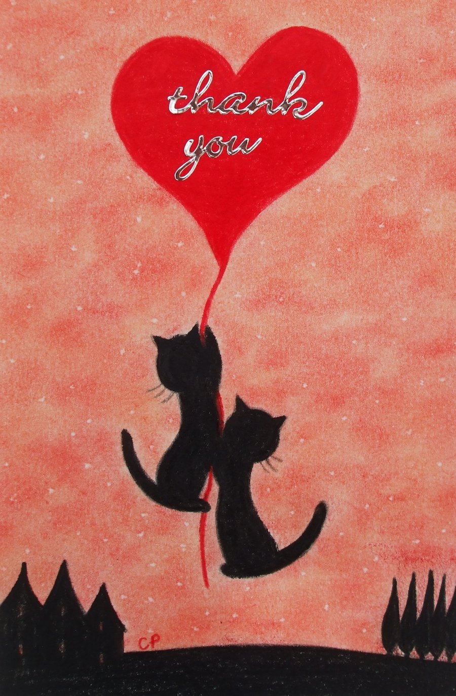 Thank You Card, Cats and Heart Art Card, Two Black Cats Thank You Heart Card