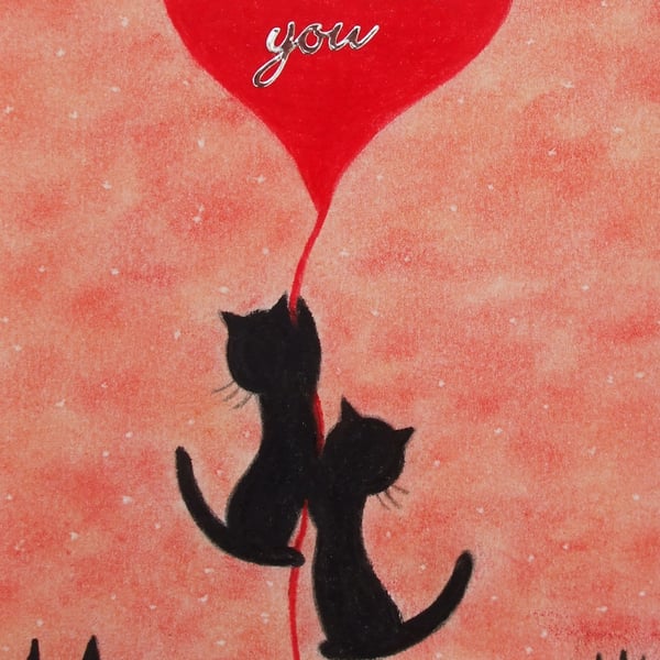 Thank You Card, Cats and Heart Art Card, Two Black Cats Thank You Heart Card