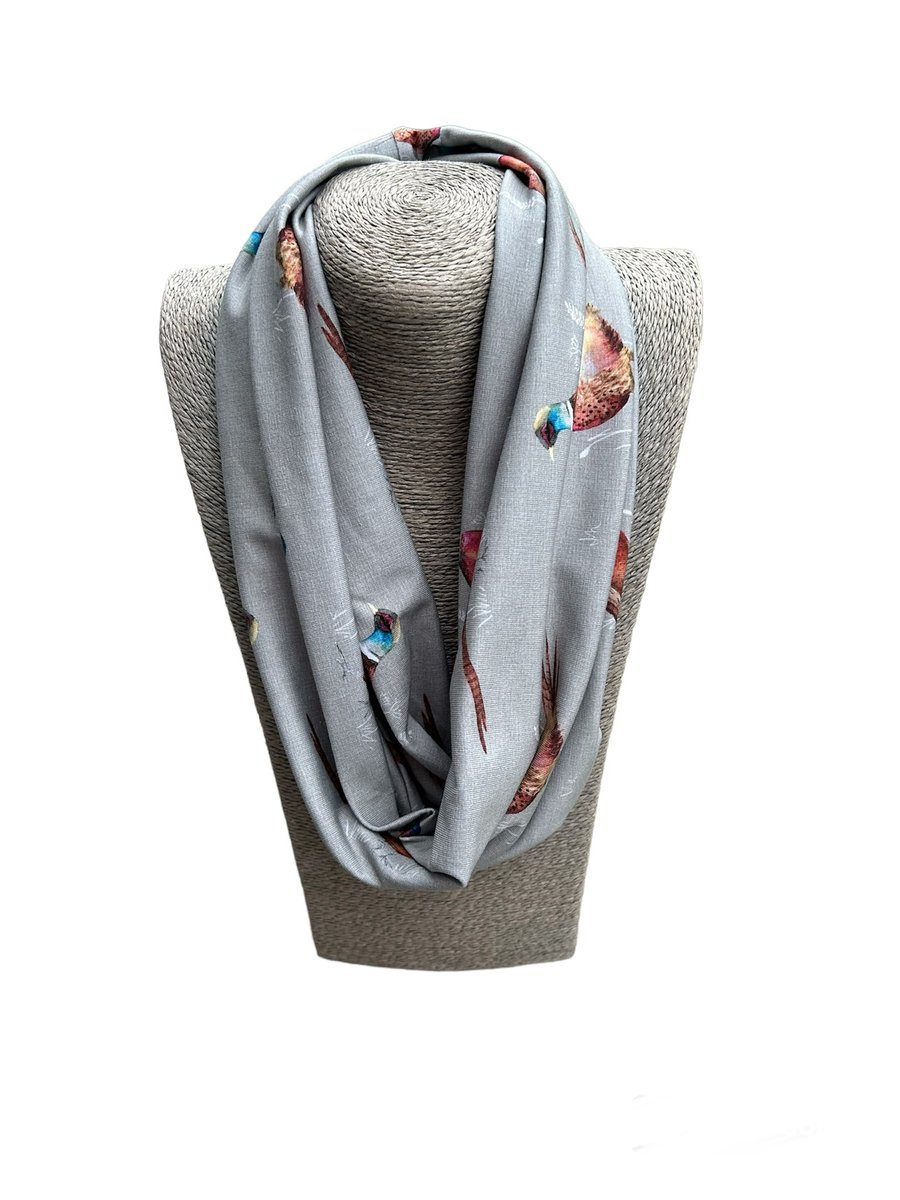 Grey Soft Cotton Infinity Scarf with pheasants