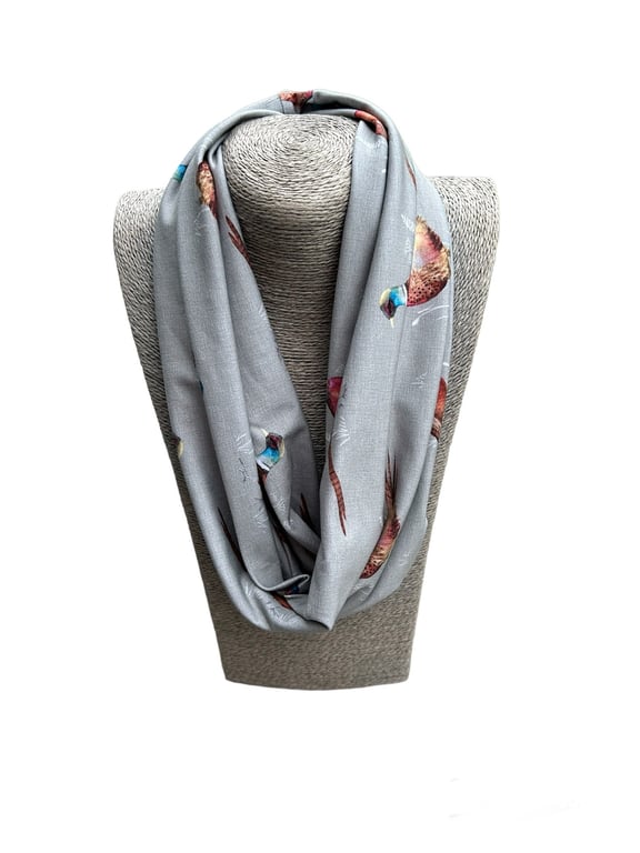 Grey Soft Cotton Infinity Scarf with pheasants