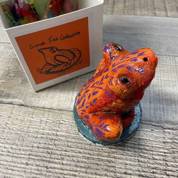 Red Orange Purple Frog Sculpture Handmade Clay Original Art