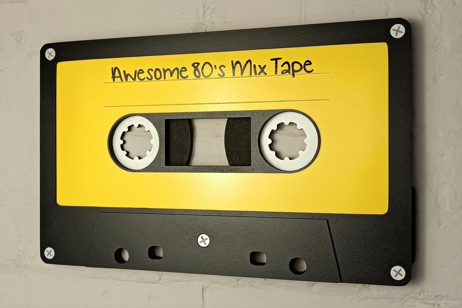 Large yellow retro cassette tape 80s 3D wall art