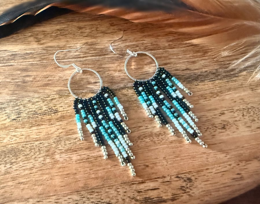 Beadwork fringe hoop earrings in a Native Folksy