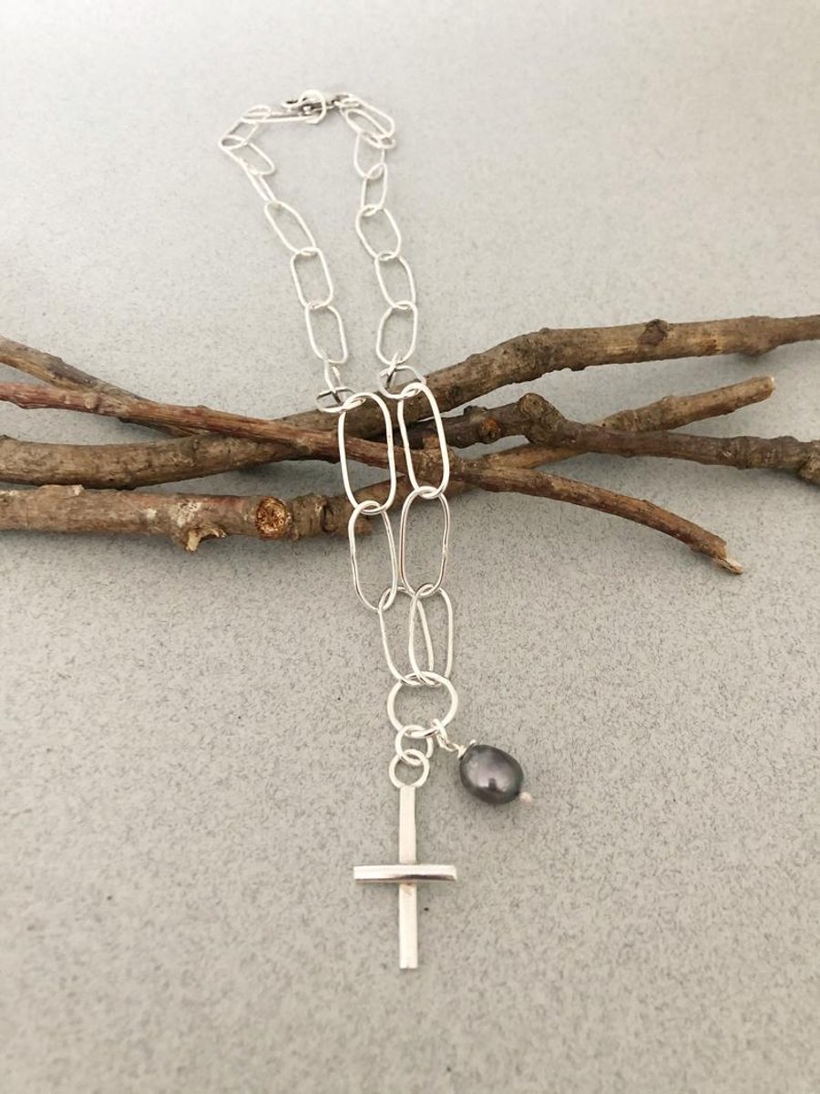 Silver Cross Necklace - Silver Link Necklace - Artisan Necklace - Pearl Necklace