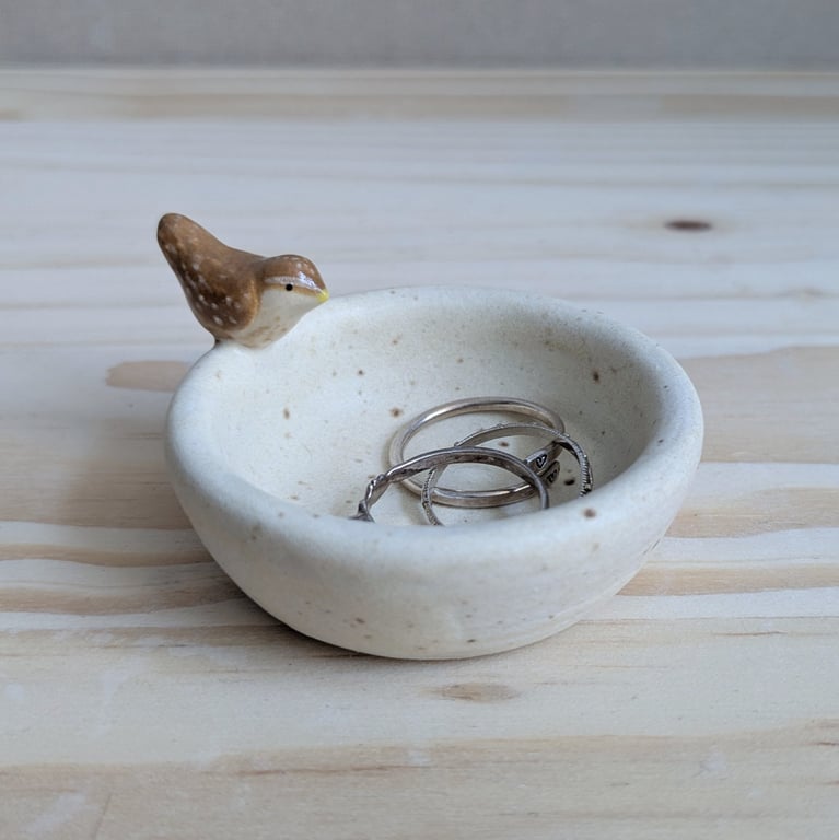 Very small ceramic ring dish with mini wren