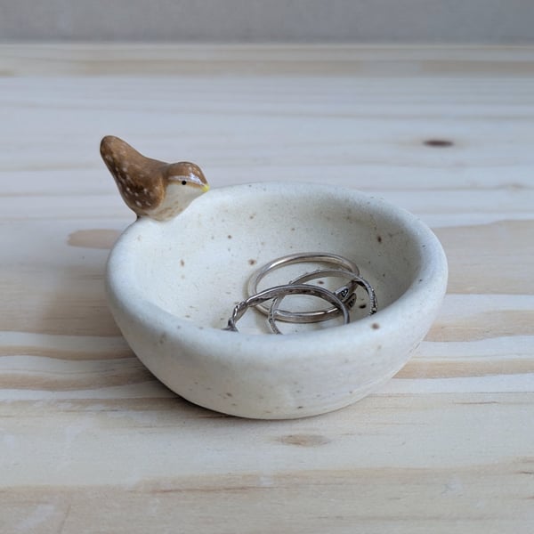 Very small ceramic ring dish with mini wren