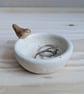 Very small ceramic ring dish with mini wren