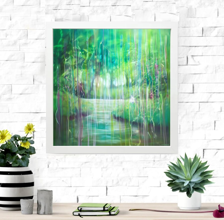 Emanation is a framed canvas print of an abstract green landscape & white egret